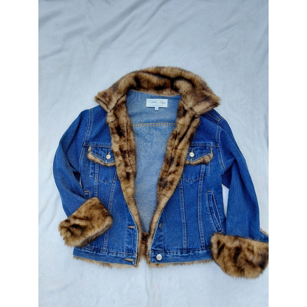 Tasha Polizzi Denim Faux Fur Trim Jacket Blue Western Trucker Women Size 2